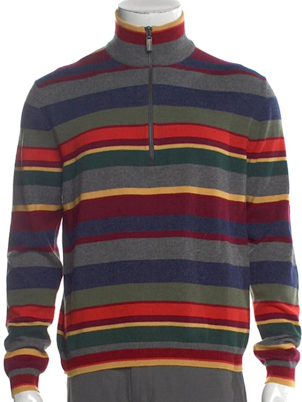 NEW $955 Etro Cashmere Sweater! Small Gray & Colorful Stripes  Quarter Zip Neck